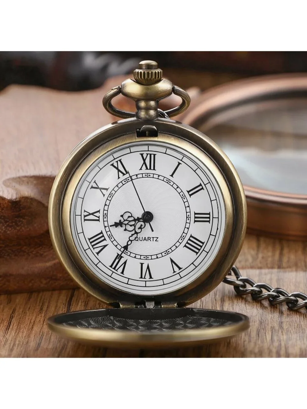 Men's Brown And White Analog Quartz Flower Arabic Numerals Movement Pocket Watch